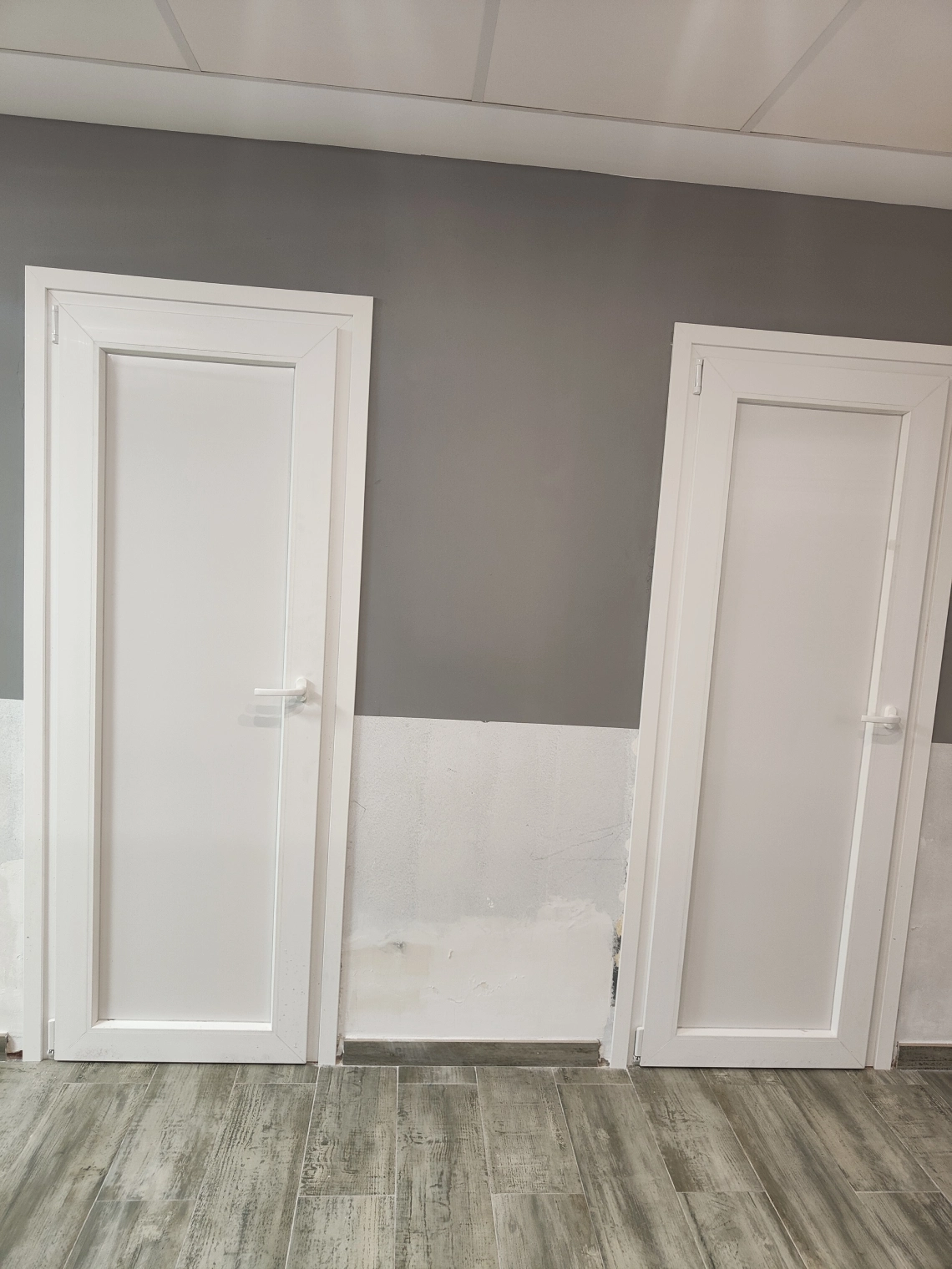 Puerta lisa de aluminio en tono gris integrada en una fachada blanca